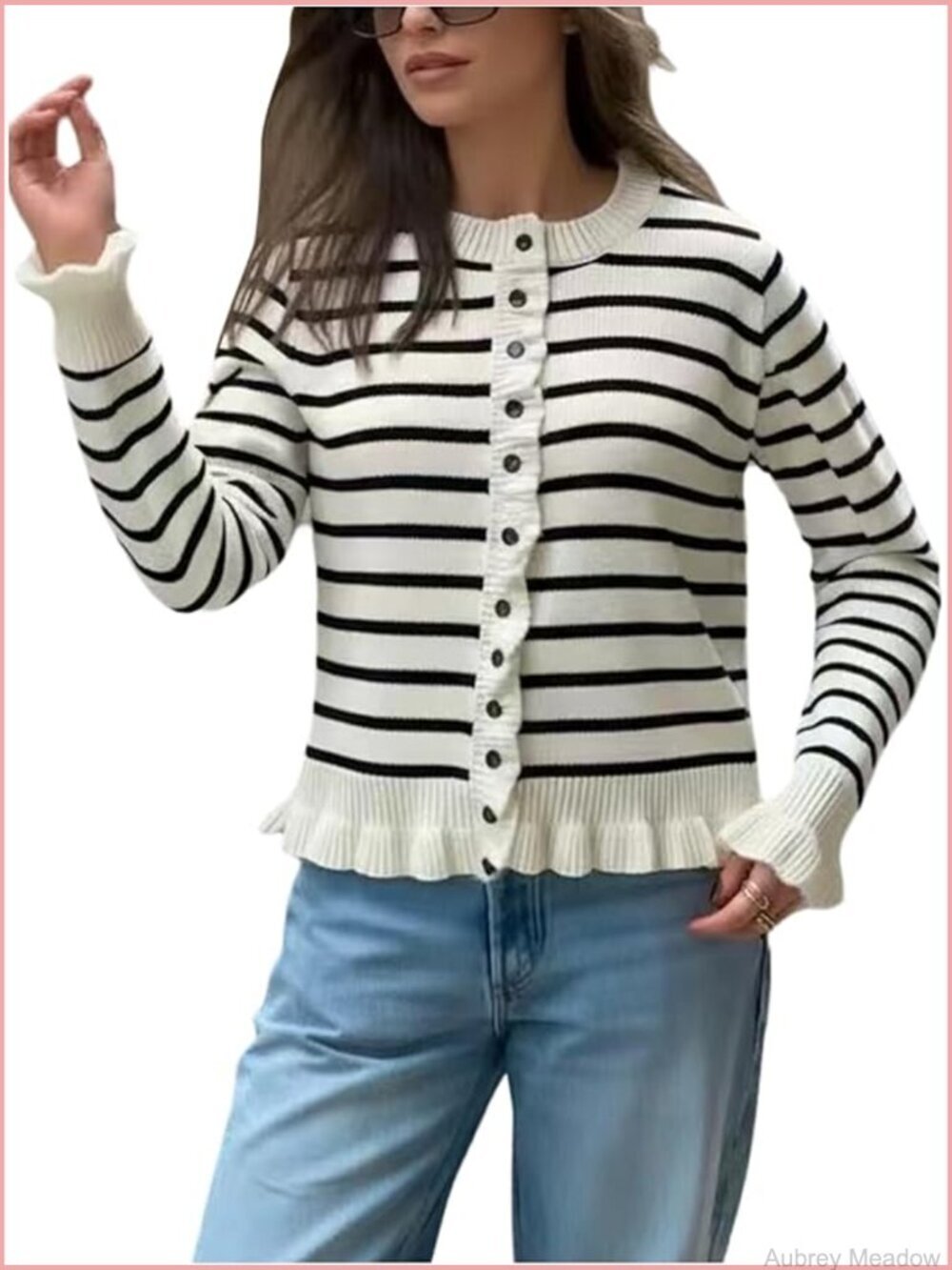 Striped Lightweight Cardigan Long Sleeve Button Up Ruffle Hem Knitted Outerwear